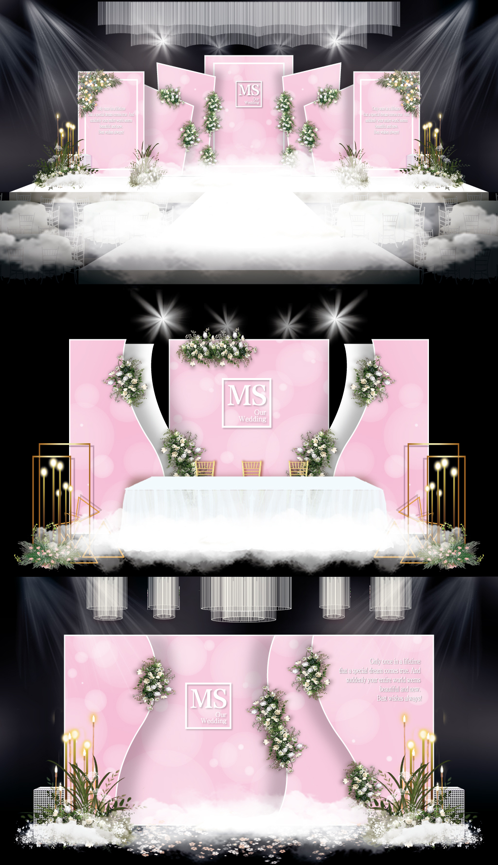 原创粉色韩式梦幻婚礼舞台大理石纹婚礼效果图设计-版权可商用