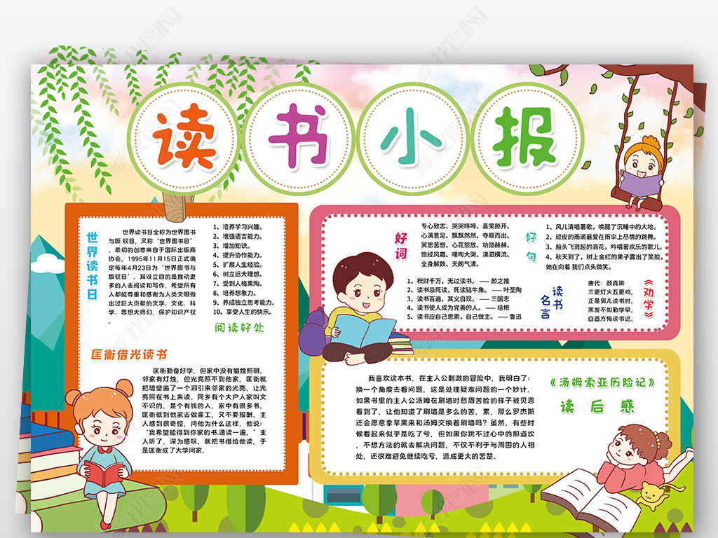 原创读书小报世界读书日名著好书推荐亲子阅读小报手抄报素材版权可