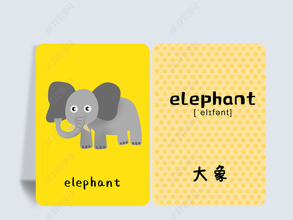 原创儿童识字卡片大象英语单词幼儿认字启蒙宝宝认知闪卡