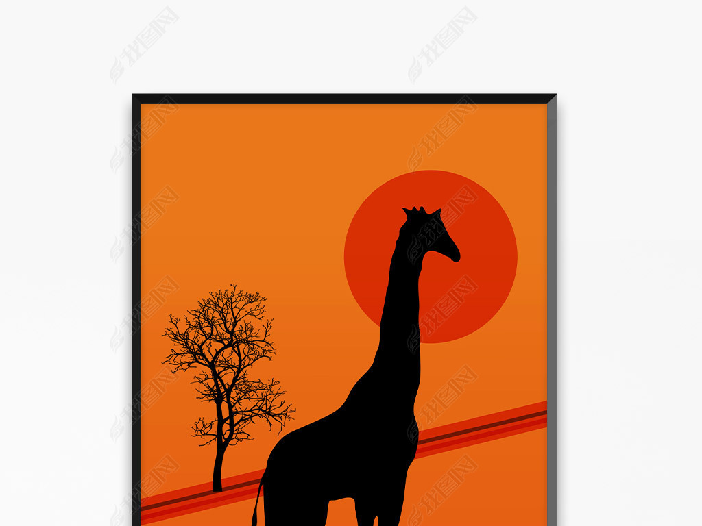 原创现代轻奢爱马仕橙色抽象动物剪影装饰画版权可商用