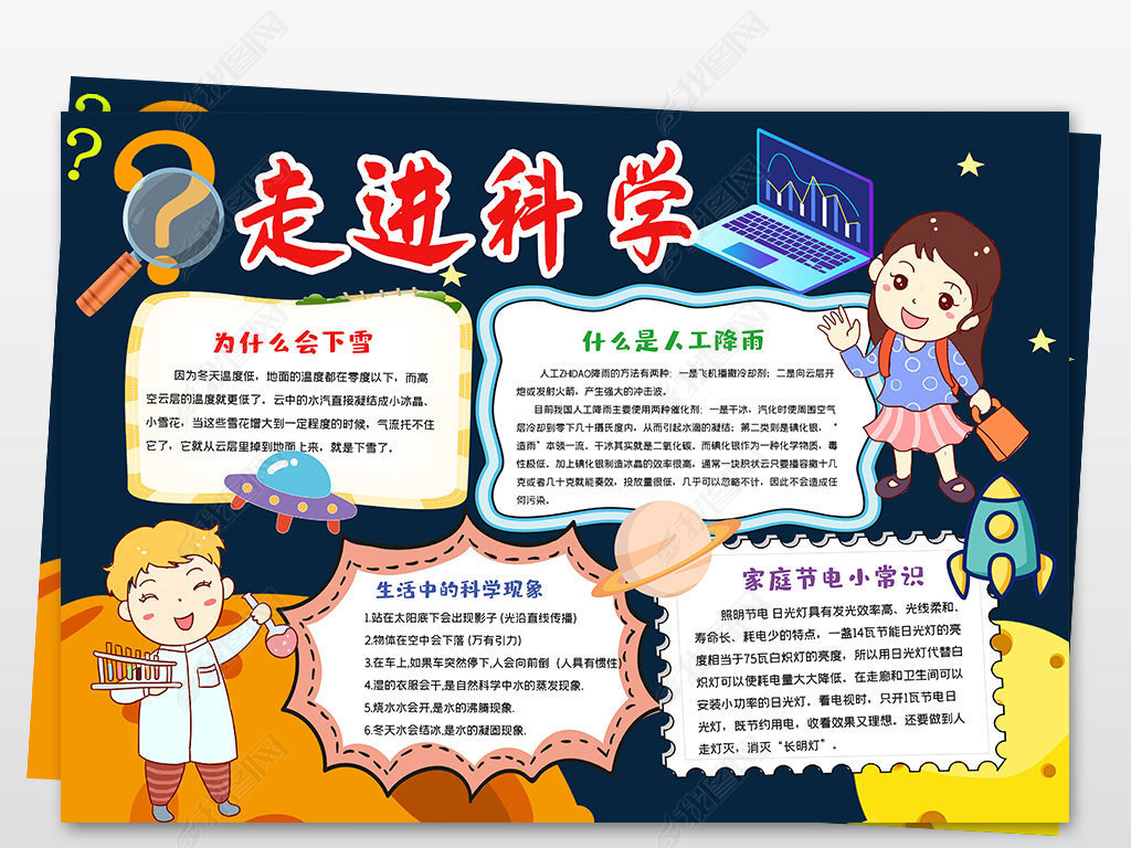 走进科学手抄报科学知识小报线稿涂色电子报模板