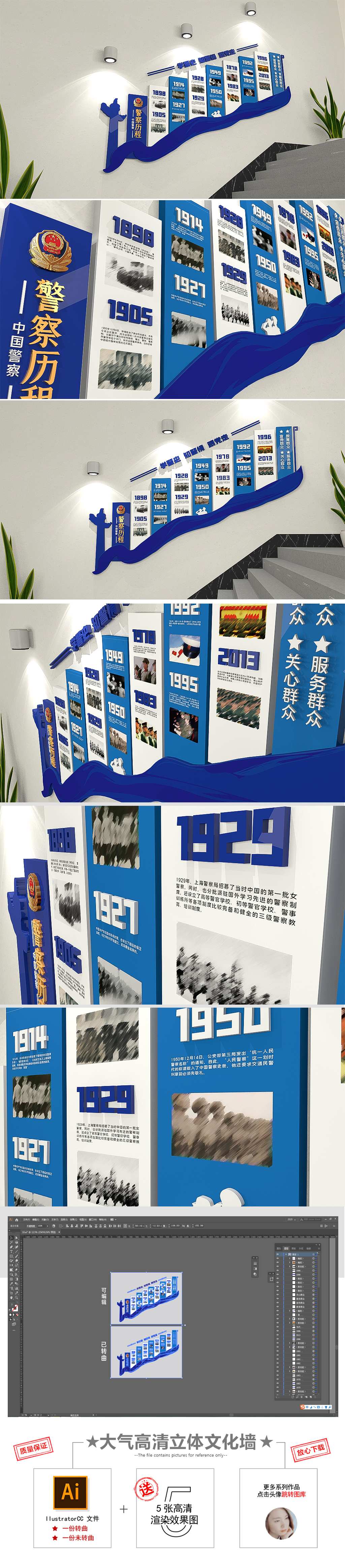 大气蓝色警察的光辉历程党建楼梯通用文化墙