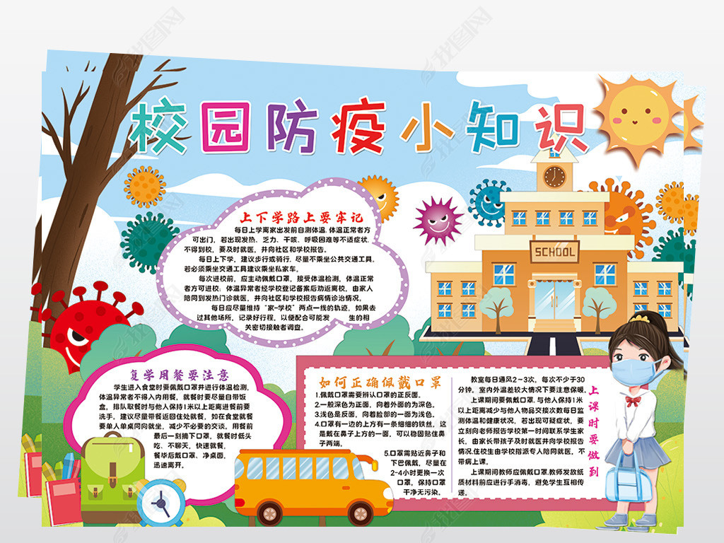 原创校园防疫小知识小报模板复学开学防控疫情手抄报素材版权可商用