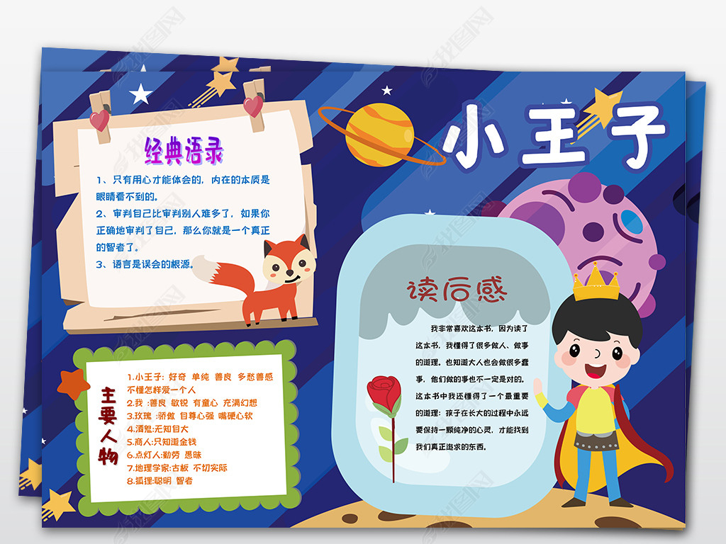 原创word黑白线条涂色小王子手抄报小报版权可商用