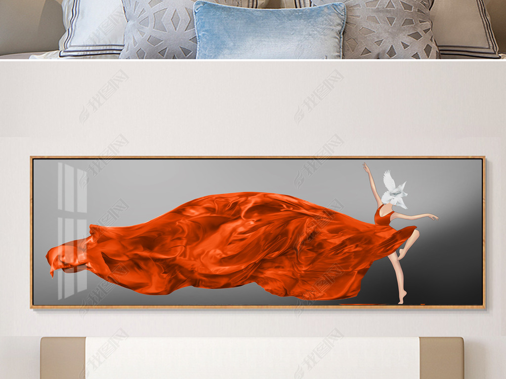 原创后现代轻奢时尚爱马仕橙抽象艺术芭蕾舞美女横版卧室床头装饰画2