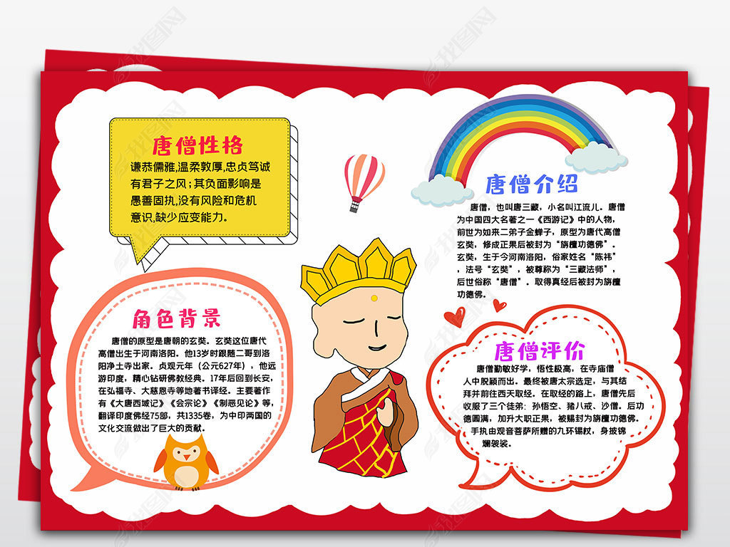 原创西游记小报唐僧人物介绍国学名著读后感阅读手抄小报素材-版权可
