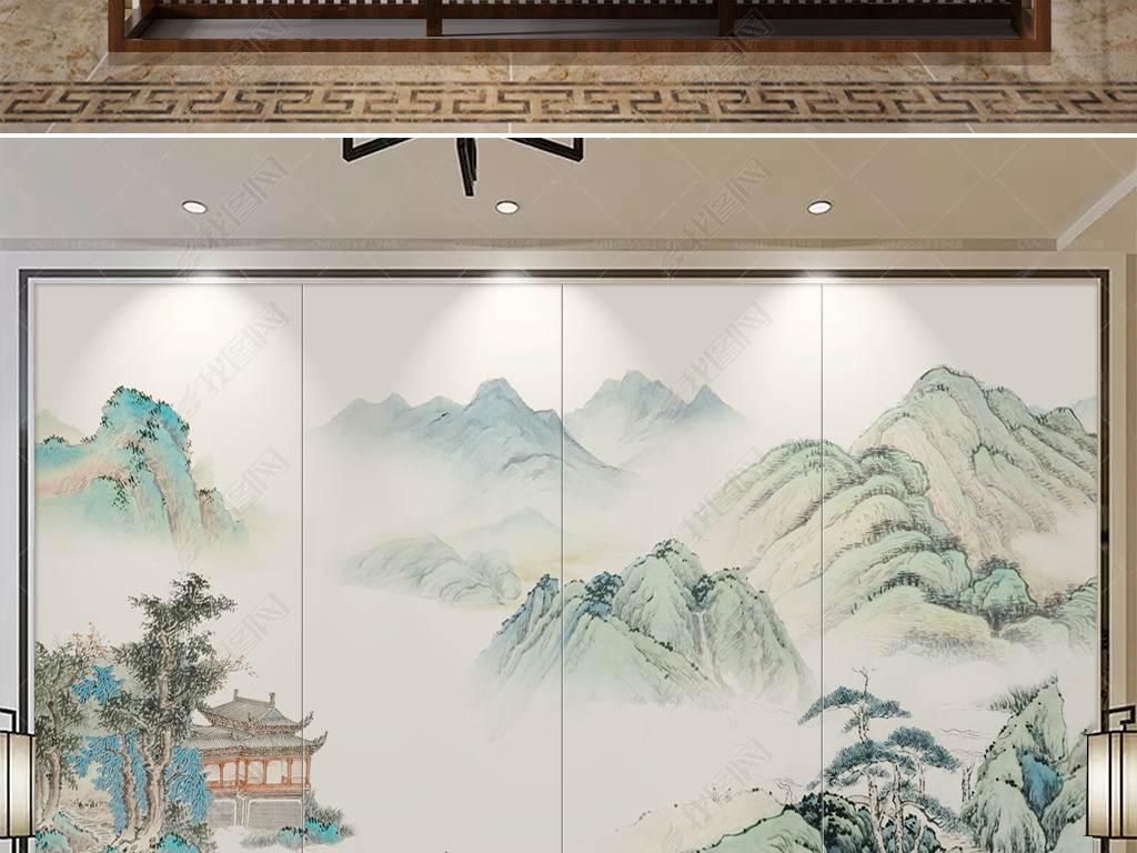 富春山居图新中式手绘大理石青绿山水背景墙