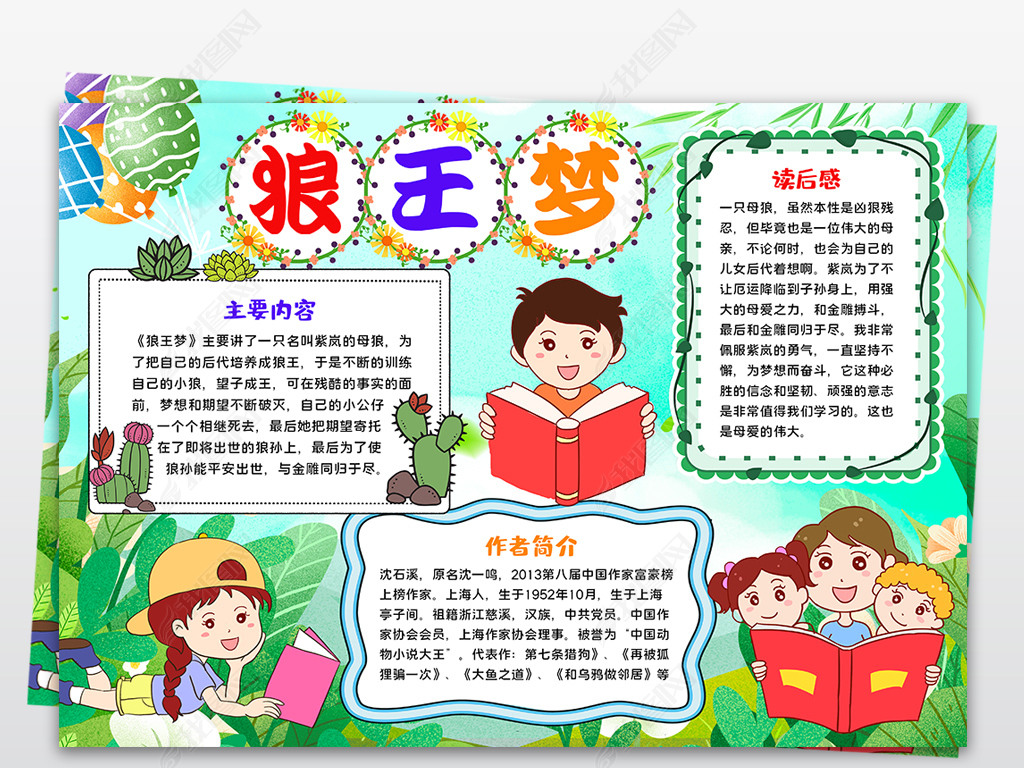 原创寒暑假读书手抄报狼王梦小报读书亲子阅读好书推荐手抄报-版权可