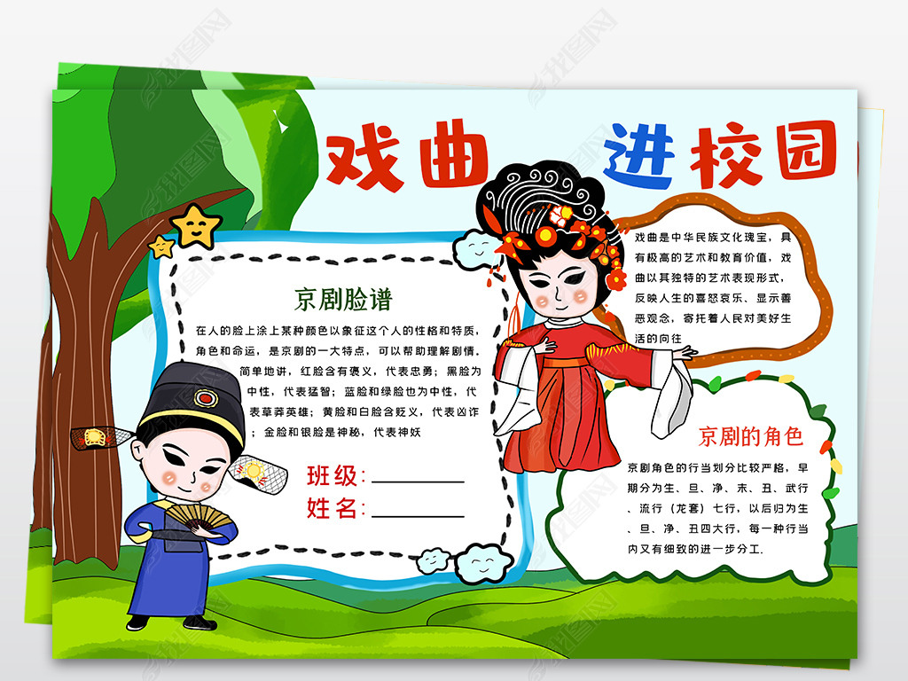 戏曲进校园中国戏曲国粹京剧文化知识小报手抄报模板