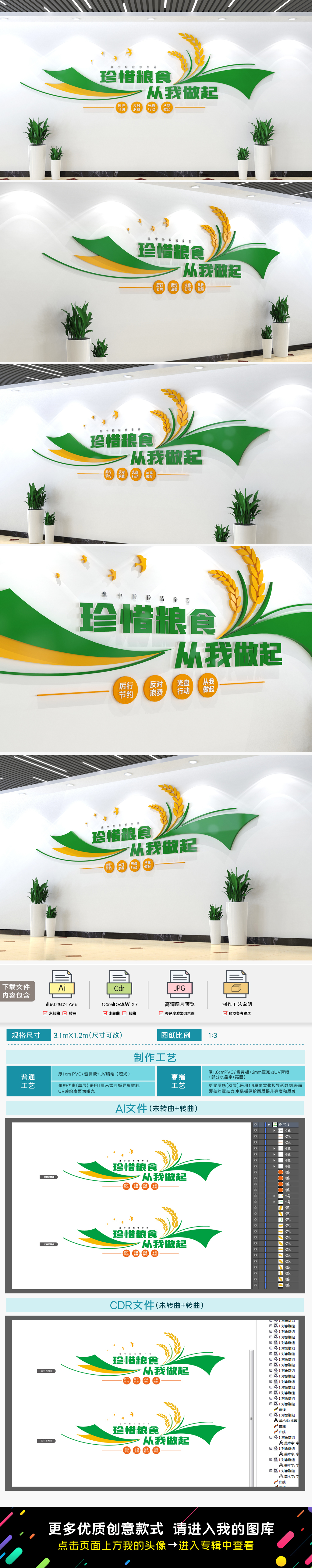 珍惜粮食文化墙拒绝舌尖上的浪费文化墙餐厅食堂文化墙