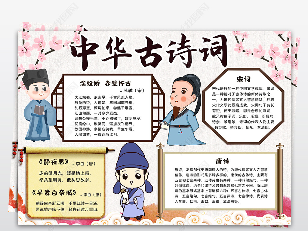 原创古诗小报古诗词国学经典手抄报电子小报模板版权可商用