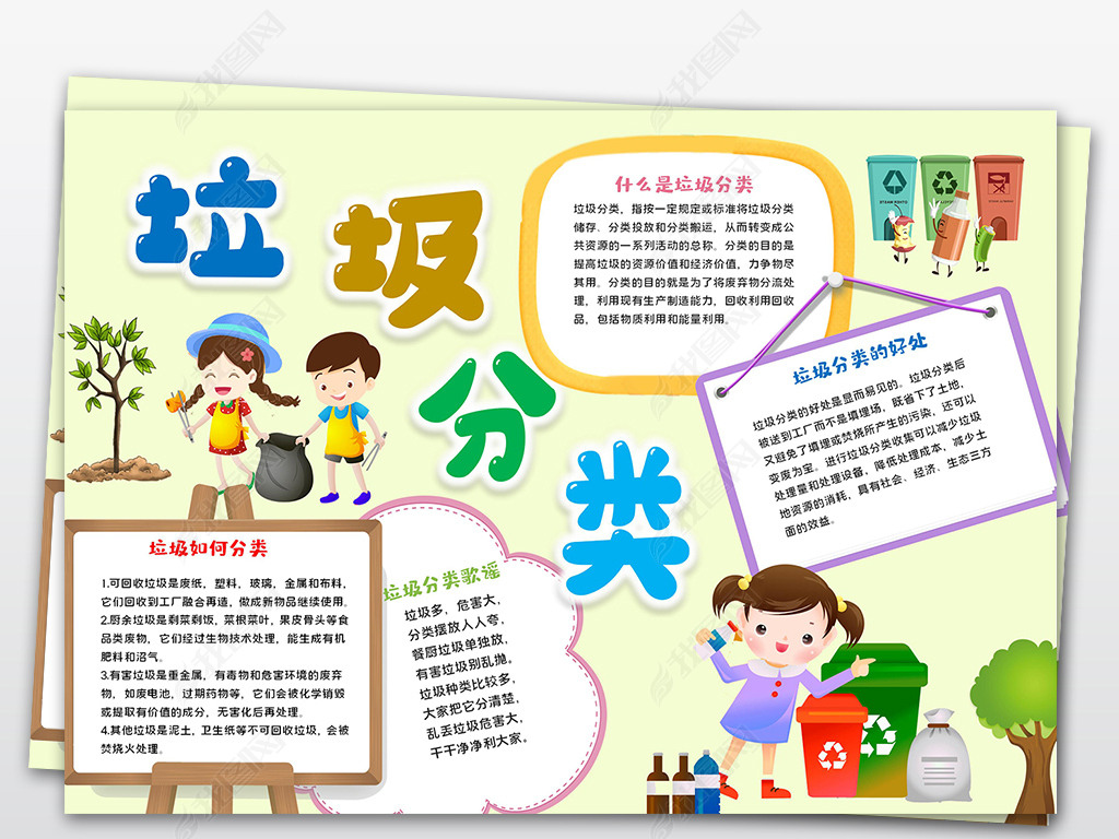 原创垃圾分类从我做起小报模板绿色低碳环保我先行线描手抄报素材版权
