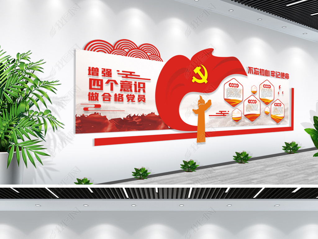 原创四个意识党建文化墙党建形象墙党员活动室-版权可商用