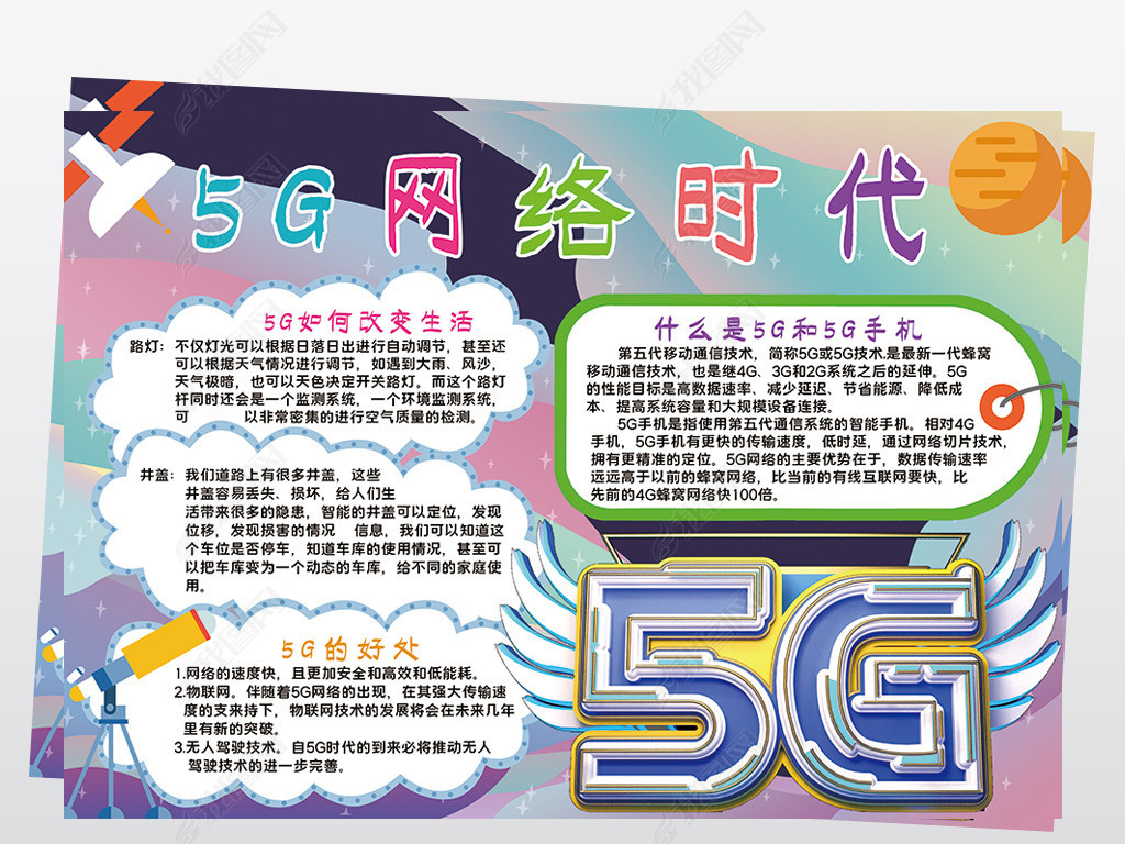 5g网络时代小报模板科技未来线描手抄报素材