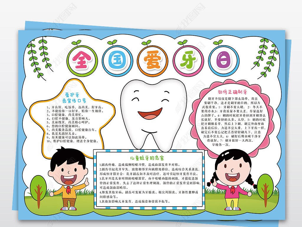 原创全国爱牙日手抄报保护牙齿健康电子小报模板版权可商用
