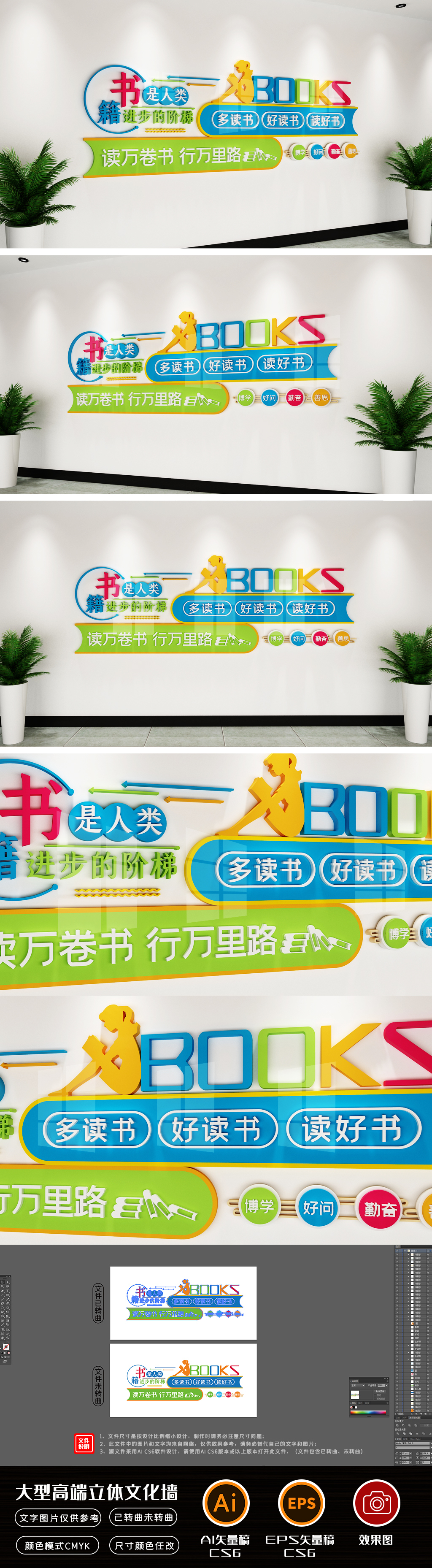 原创书本图书馆阅览室励志宣传标语文化墙校园文化墙-版权可商用