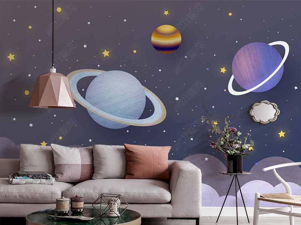 原创手绘北欧梦幻太空星球星空儿童房背景墙