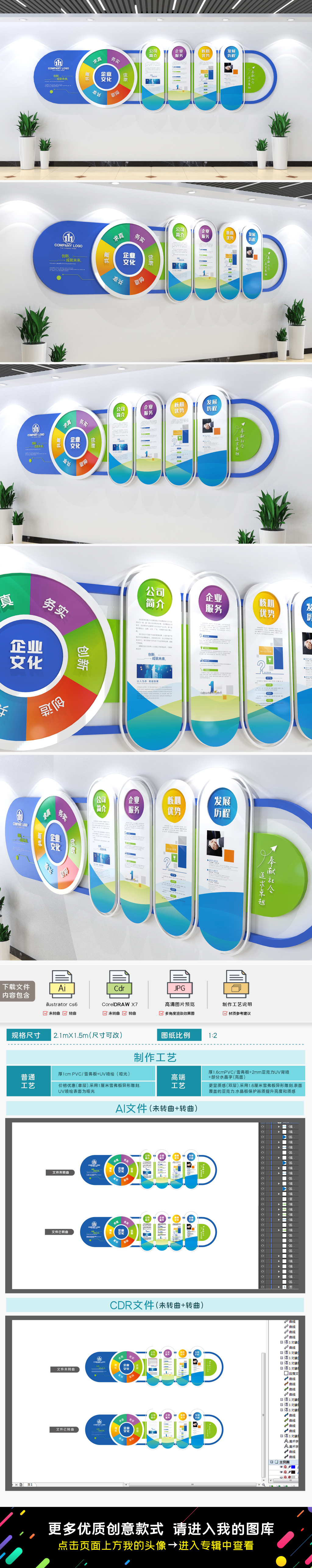 原创蓝色多彩创意通用企业文化墙企业介绍文化墙-版权可商用