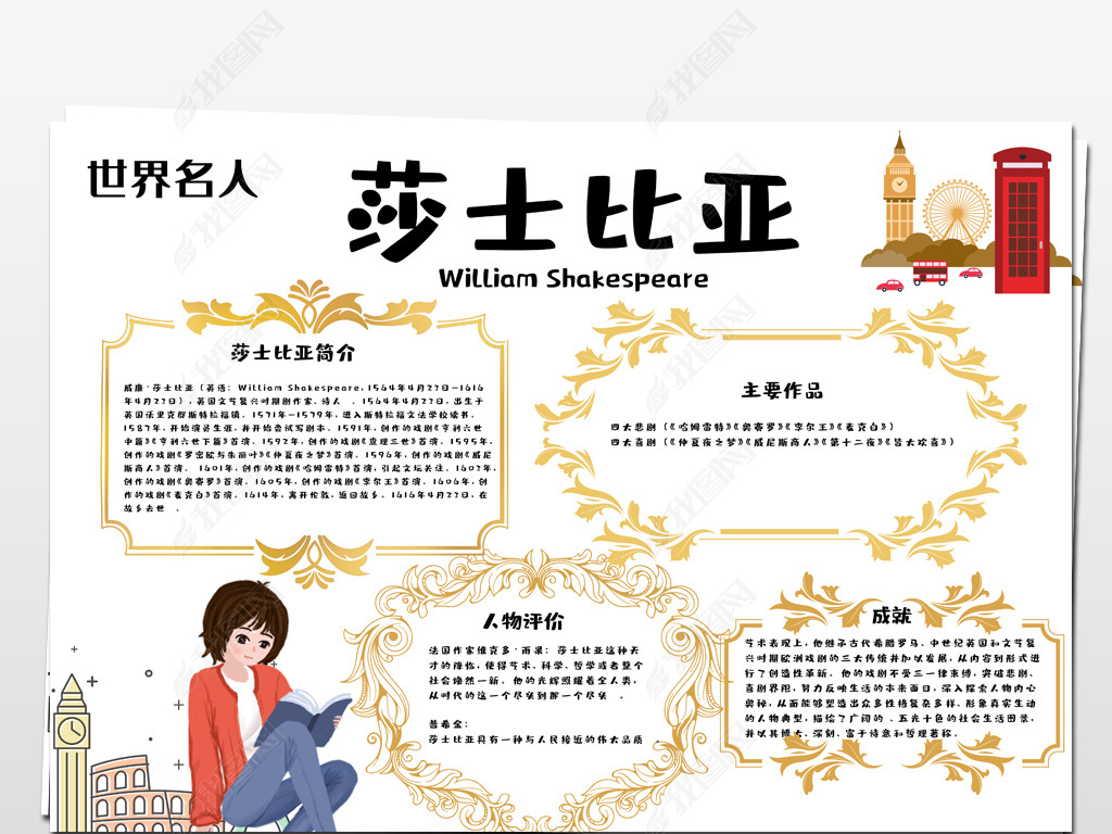 原创名人手抄报世界名人莎士比亚宣传手抄报模板版权可商用