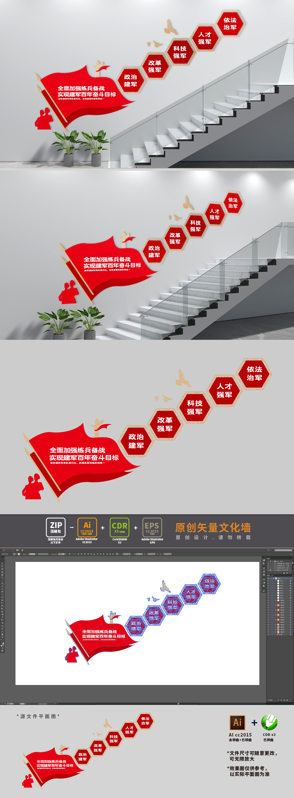 实现建军百年奋斗目标部队标语楼梯文化墙