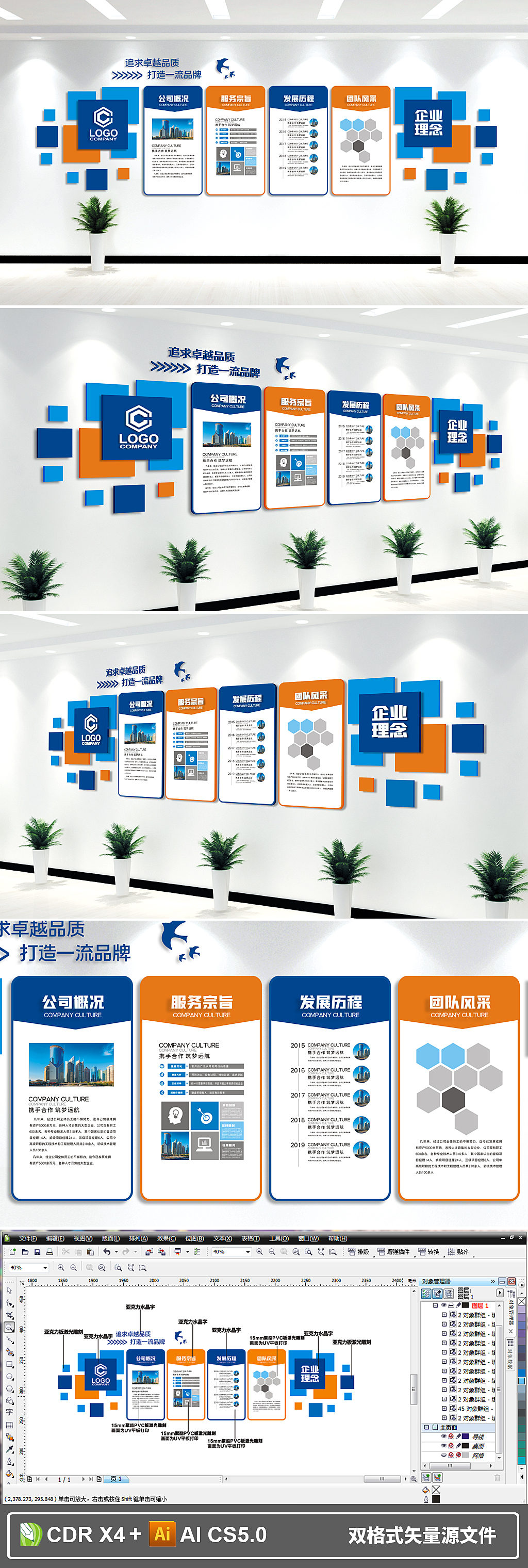 蓝色科技办公形象墙公司简介企业文化墙