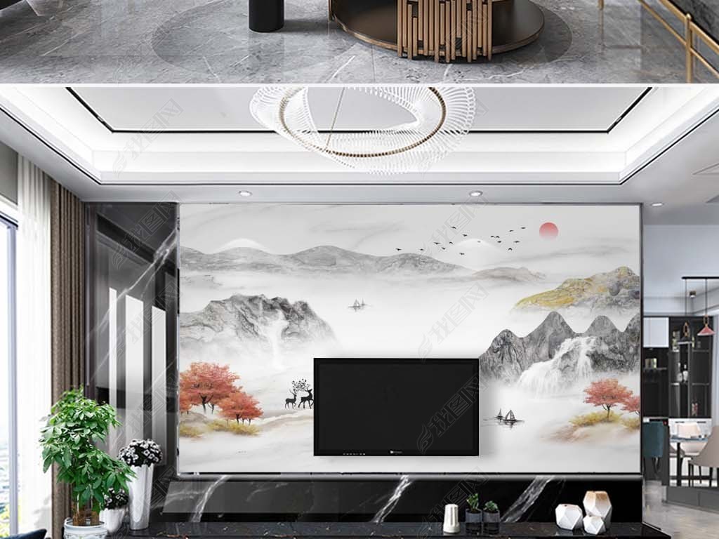 新中式大理石纹意境水墨山水电视背景墙