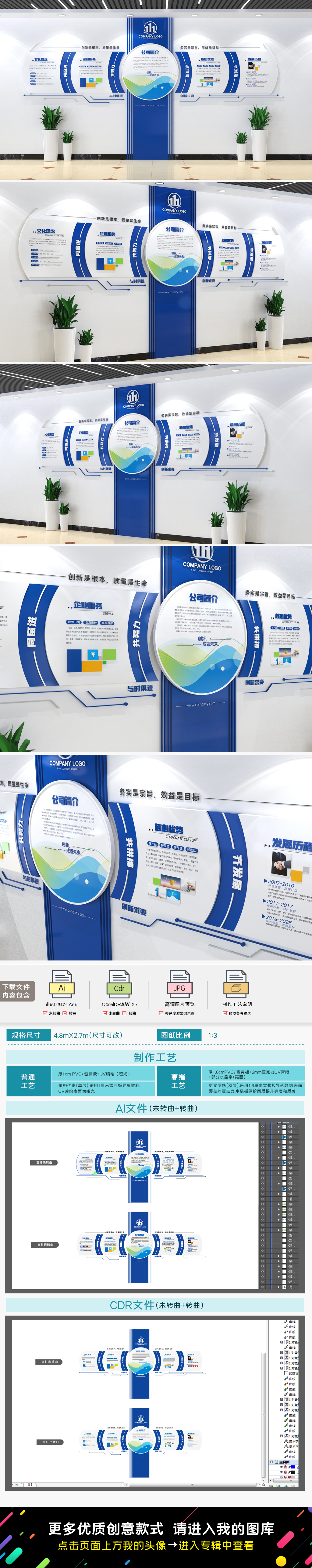 原创蓝色大气企业文化墙公司介绍宣传栏公司文化墙-版权可商用