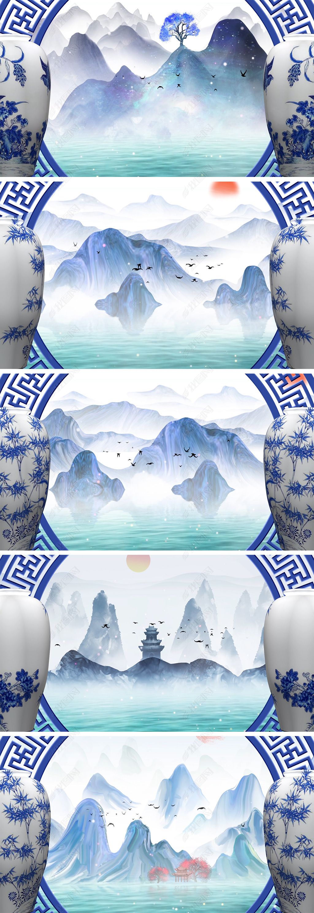 中国风古典青花瓷古风山水意境led背景视频