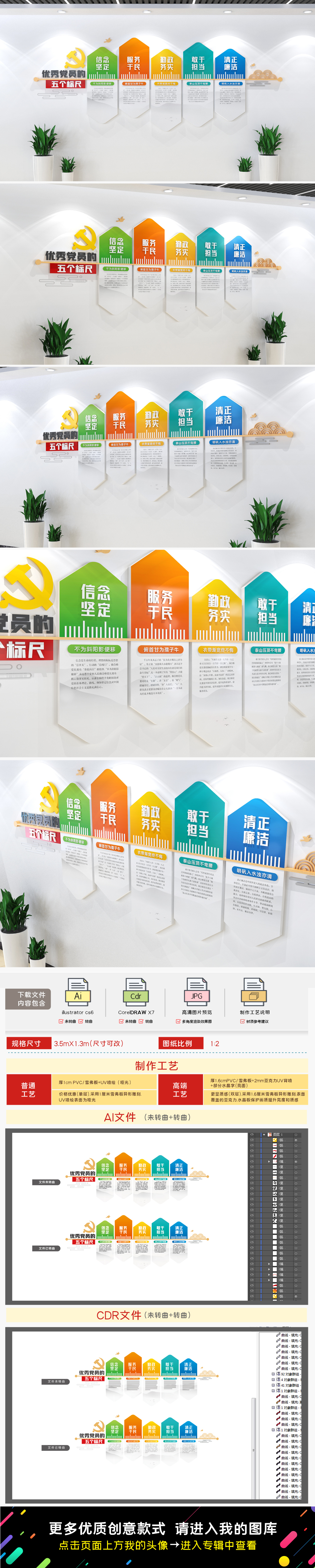 原创优秀党员的五个标尺党建文化墙多彩党建文化墙