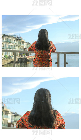 原创洱海边看海的女生背影版权可商用