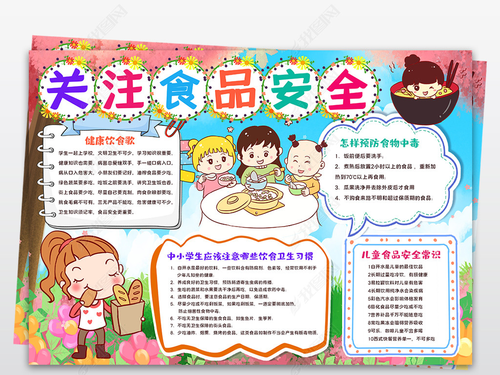 食品安全小报健康饮食电子边框模板手抄报黑白涂色模板