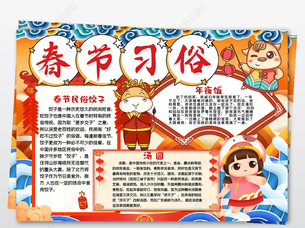 2021春节习俗小报新年民俗年俗手抄报牛年大吉电子小报