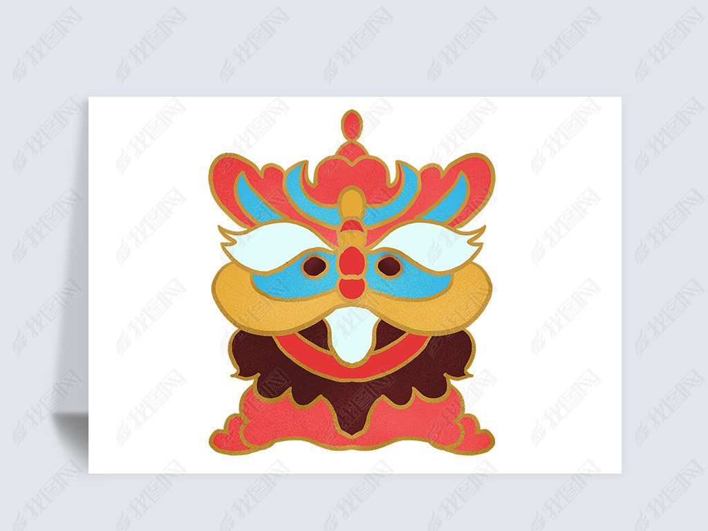 原创国潮风新年元素醒狮图案手绘插画免抠元素版权可商用