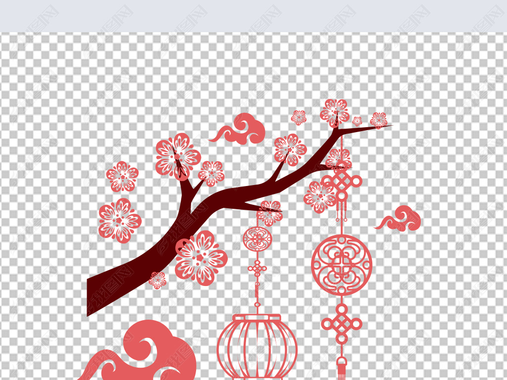 原创梅花灯笼剪影剪纸素材元素版权可商用