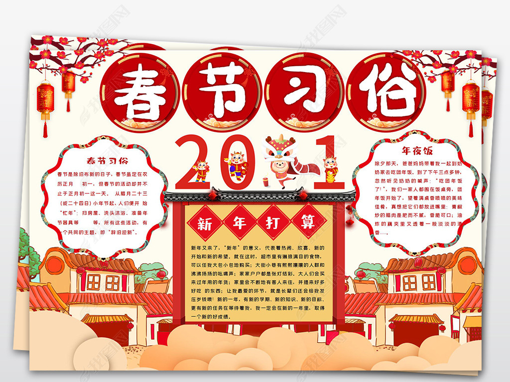 2021年春节年俗习俗小报牛年新年春节寒假迎新春过大年手抄报