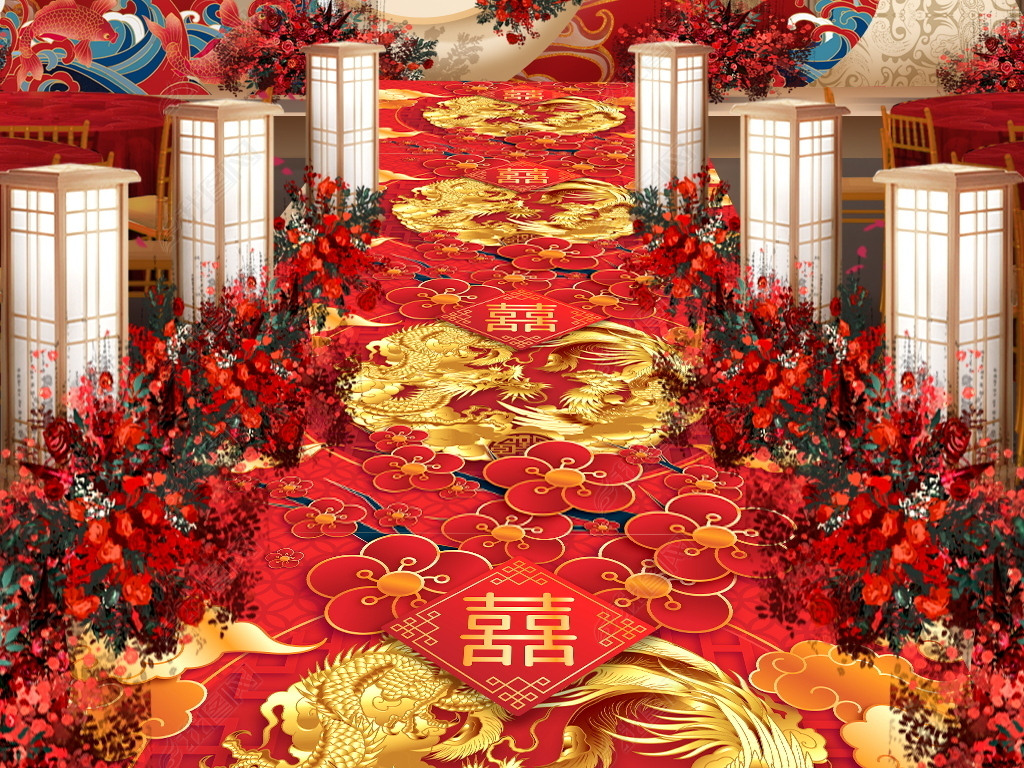 原创中式金色祥云龙凤呈祥婚礼地毯婚庆长地毯双喜梅花酒店婚礼红地毯