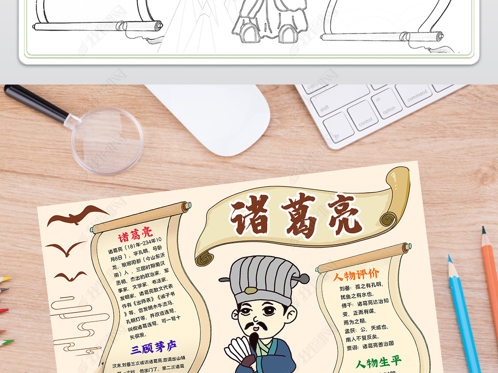 原创历史人物诸葛亮小报三国演义中国传统国学名著电子手抄报模板