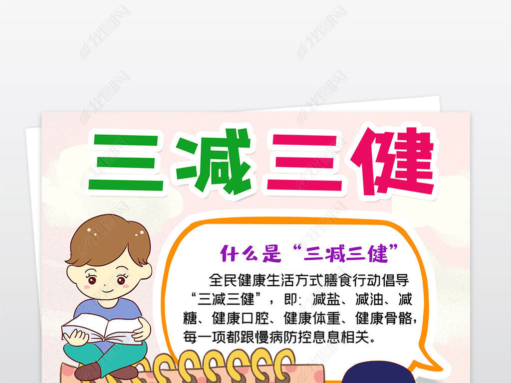 原创卡通竖版三减三健手抄报提高健康素养宣传手抄报模板版权可商用