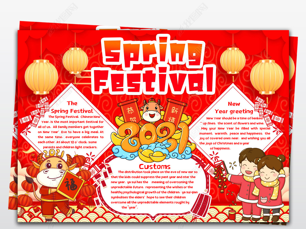 原创春节英文小报牛年春节新年快乐习俗英文英语电子小报手抄报模板