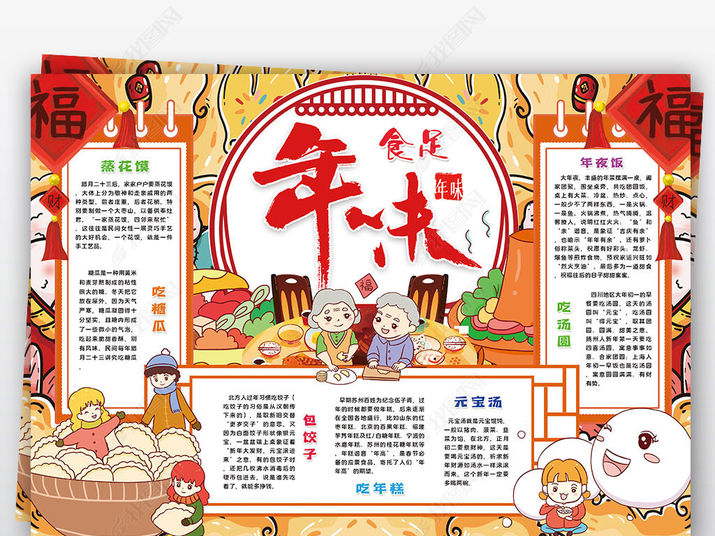原创年味食足小报春节新年过年美食年俗习俗年夜饭线描小报手抄报版权