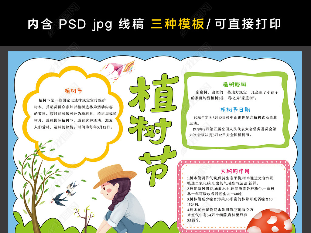 原创312植树节小报春天来了卡通手绘插画手抄报电子边框模板版权可