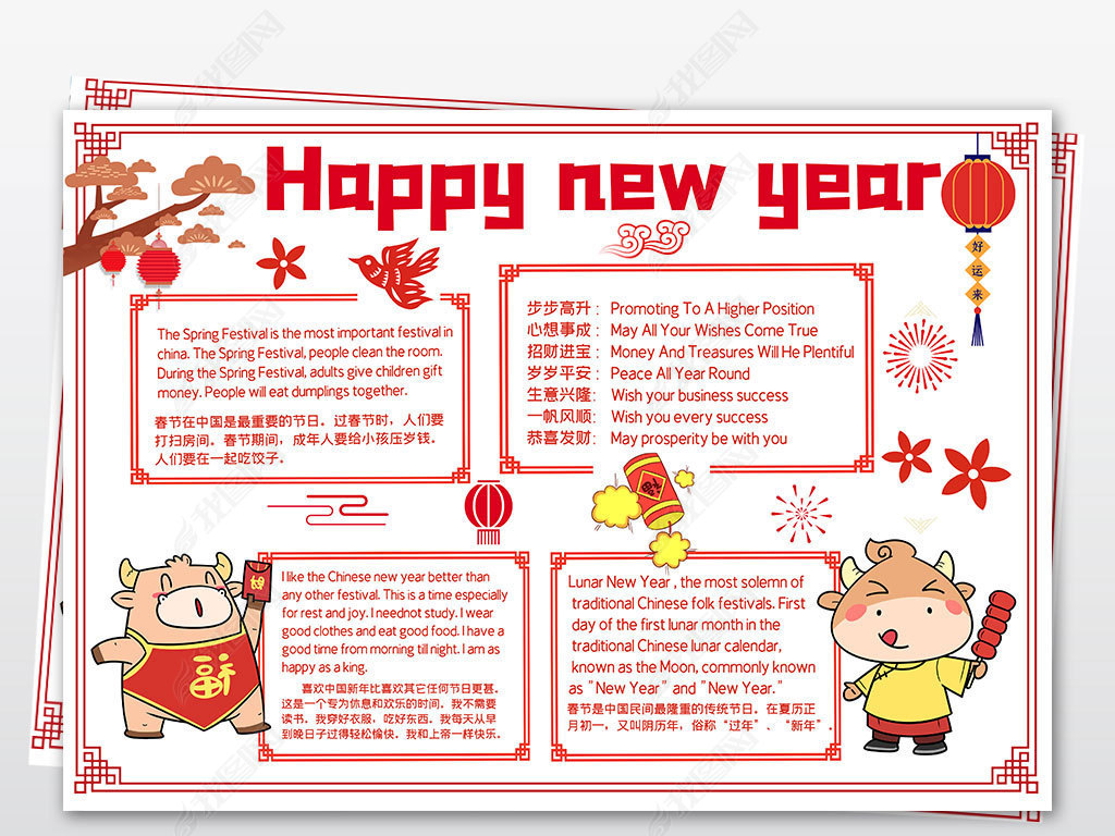 原创春节英文小报牛年春节新年快乐习俗英文英语电子小报手抄报模板