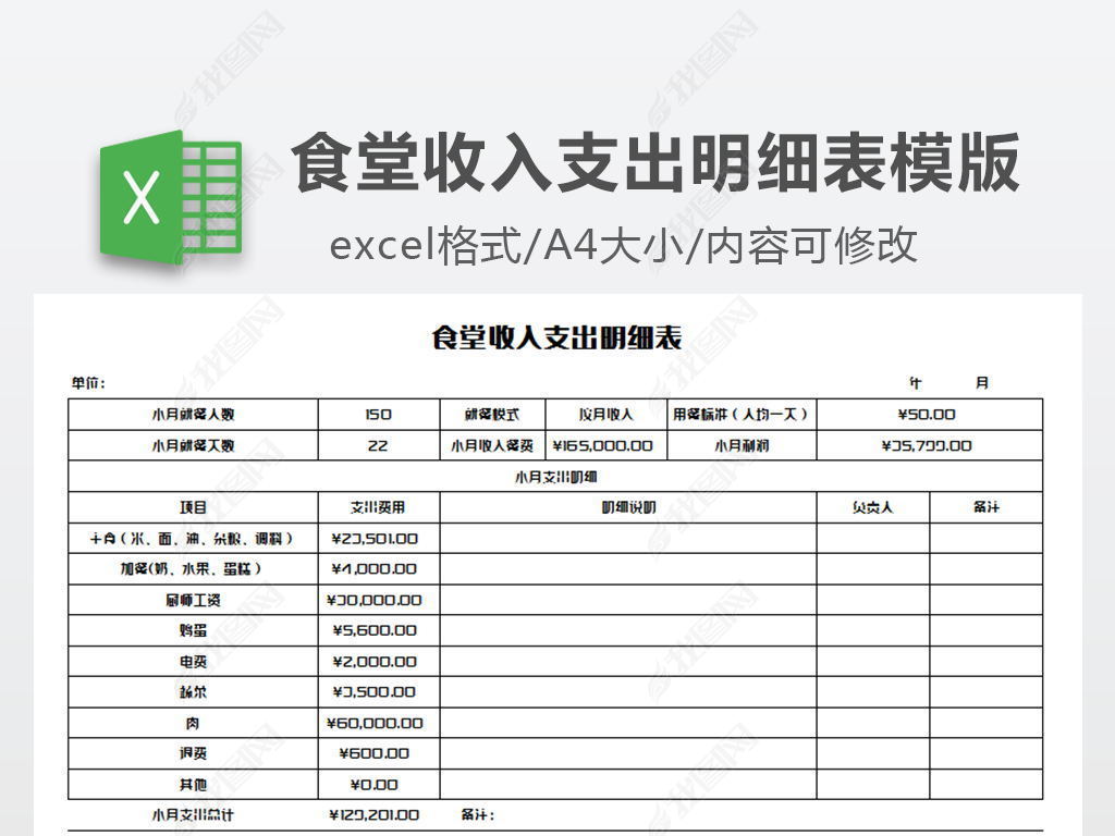 原创食堂收入支出明细表模版版权可商用