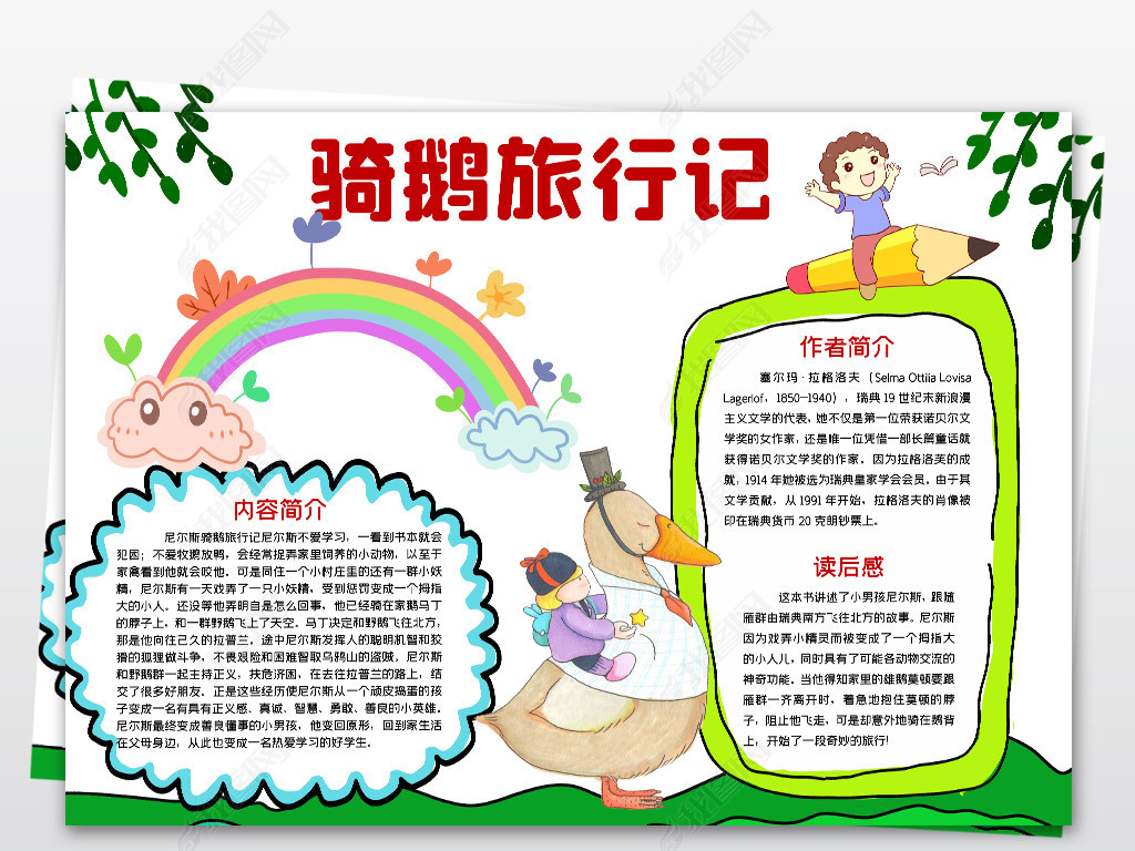 原创尼尔斯骑鹅旅行记diy读书卡亲子阅读读后感小报手抄报word版权可