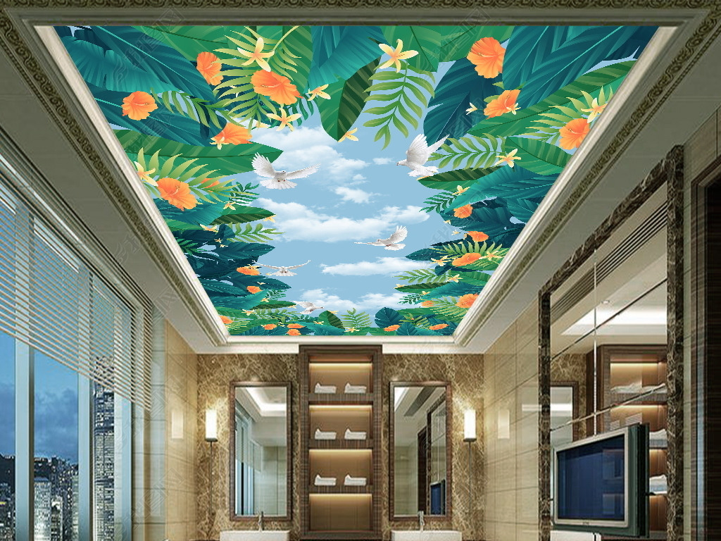 原创唯美梦幻花卉天空云彩3d立体吊顶天顶画壁画版权可商用