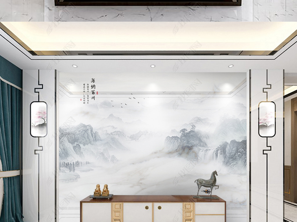 原创新中式大理石纹水墨山水电视背景墙版权可商用