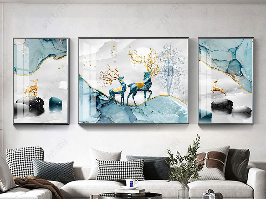 现代简约客厅装饰画沙发背景墙画大气抽象轻奢晶瓷画三联