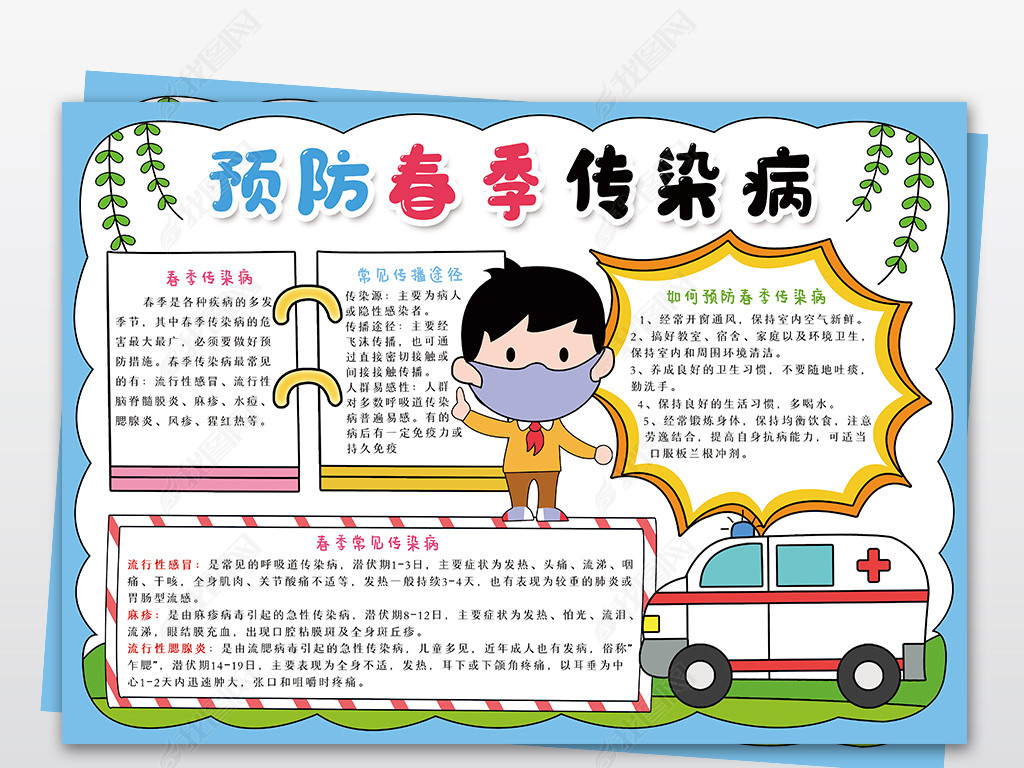 原创预防春季传染病手抄报健康安全卫生卡通手绘电子小报边框模板版权