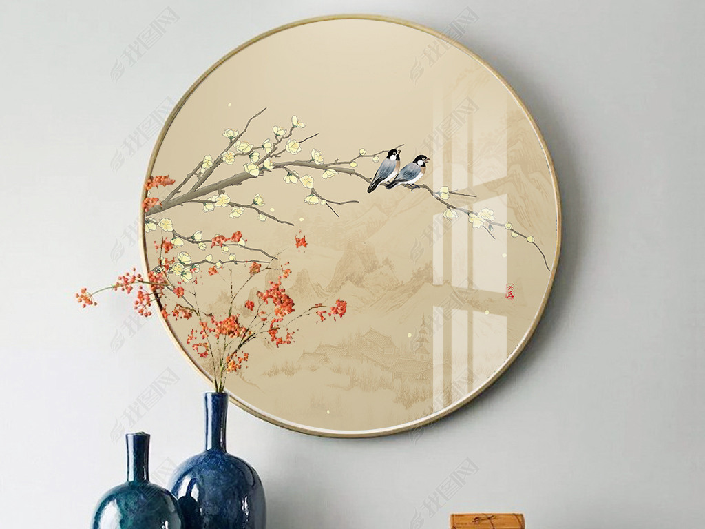 现代新中式手绘工笔花鸟梨花圆形装饰画挂画