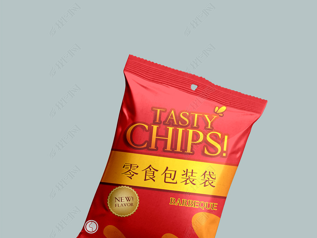 原创带挂孔薯片零食包装袋设计样机版权可商用